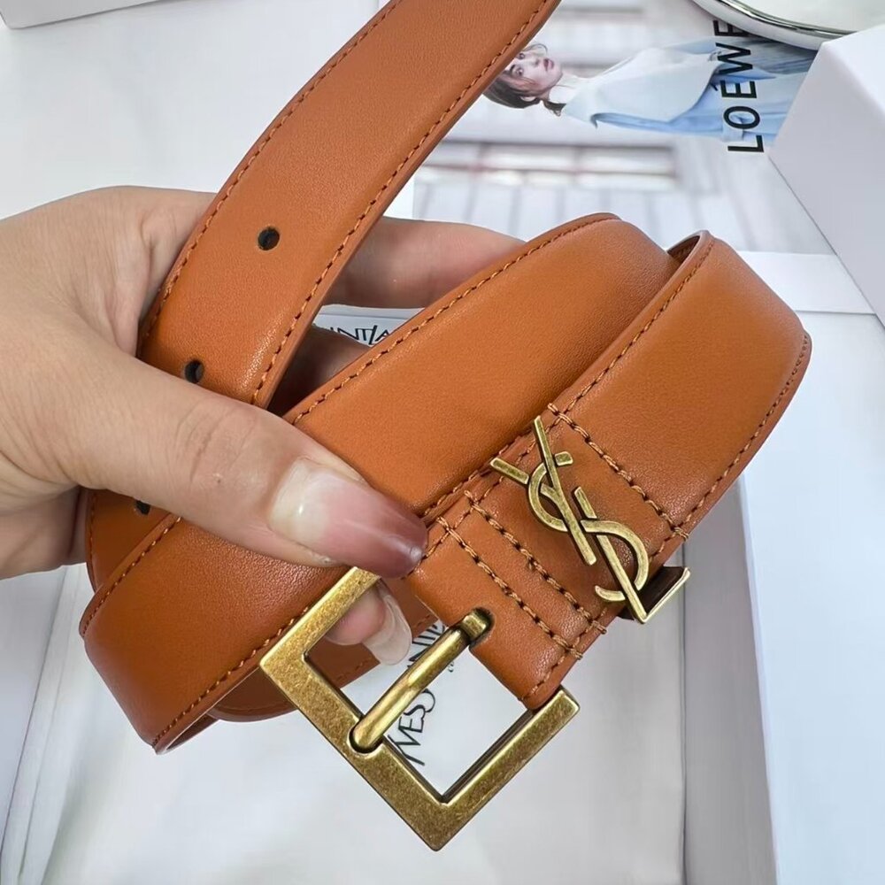 YSL Yves Saint Laurent Brown Cowhide Leather Belt Size 85 Gold Buckle - Picture 9 of 9